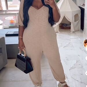 Relaxed V-Neck Jumpsuit in Beige